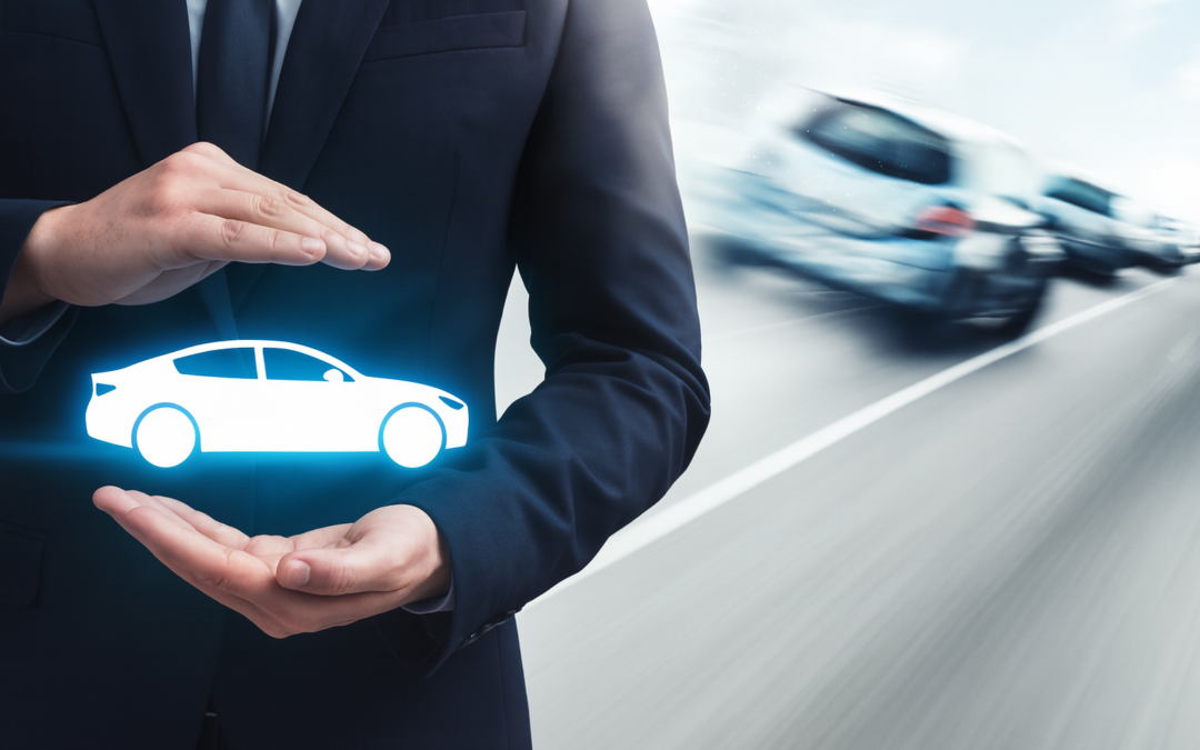 Businessman holding a glowing white car icon between his hands